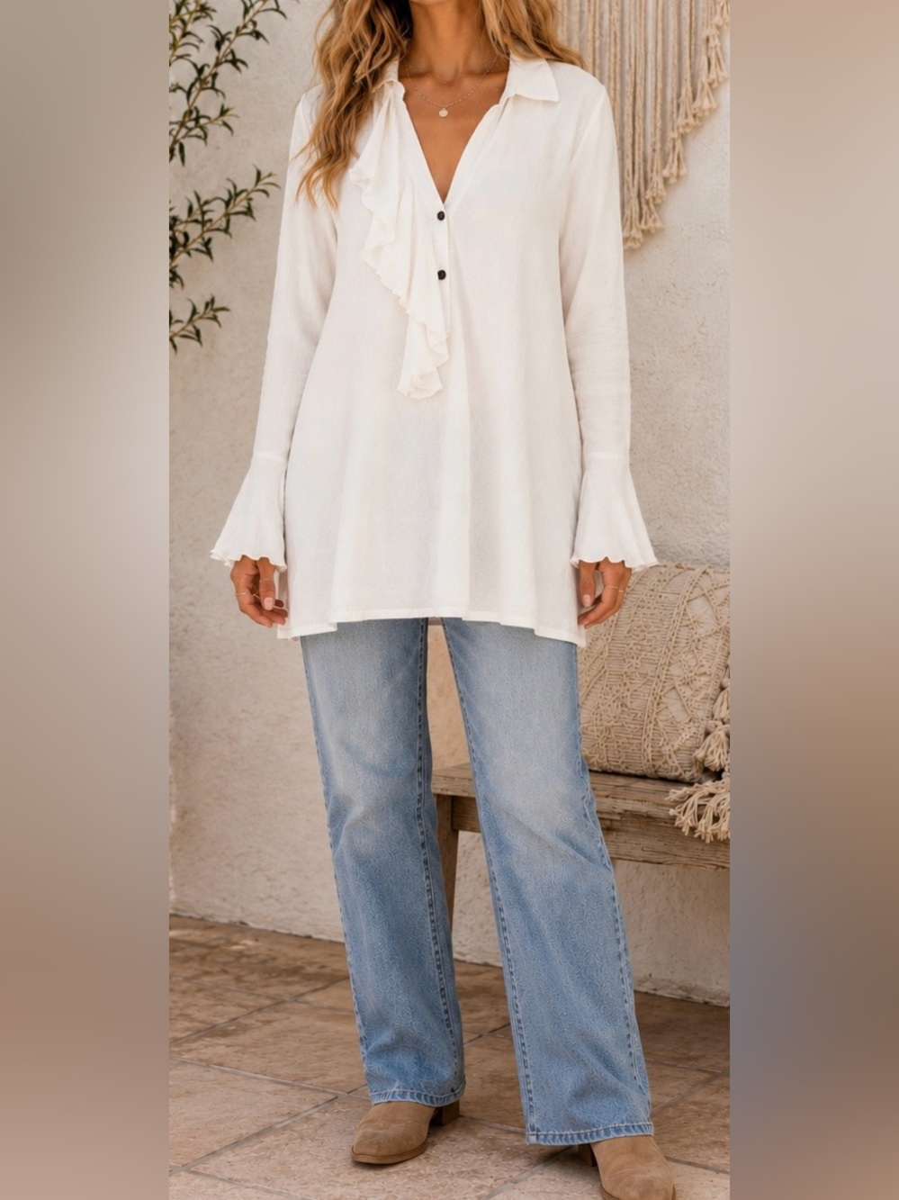 Free People Ivory Ruffle Collared V-Neck Tunic - Size XS